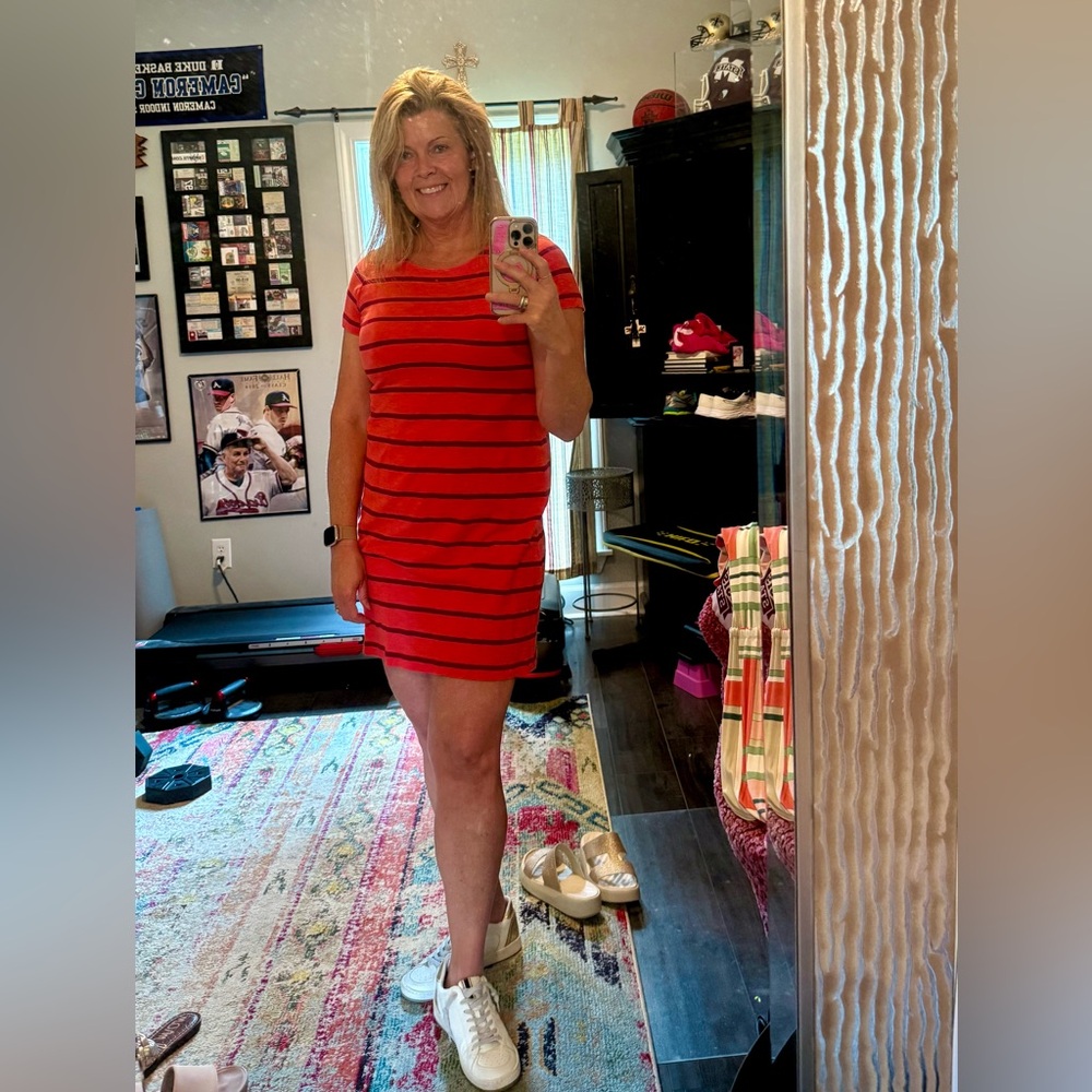 GAP Orange with dark Red/Maroon Stripes capped Short-Sleeve Shift Dress NWOT